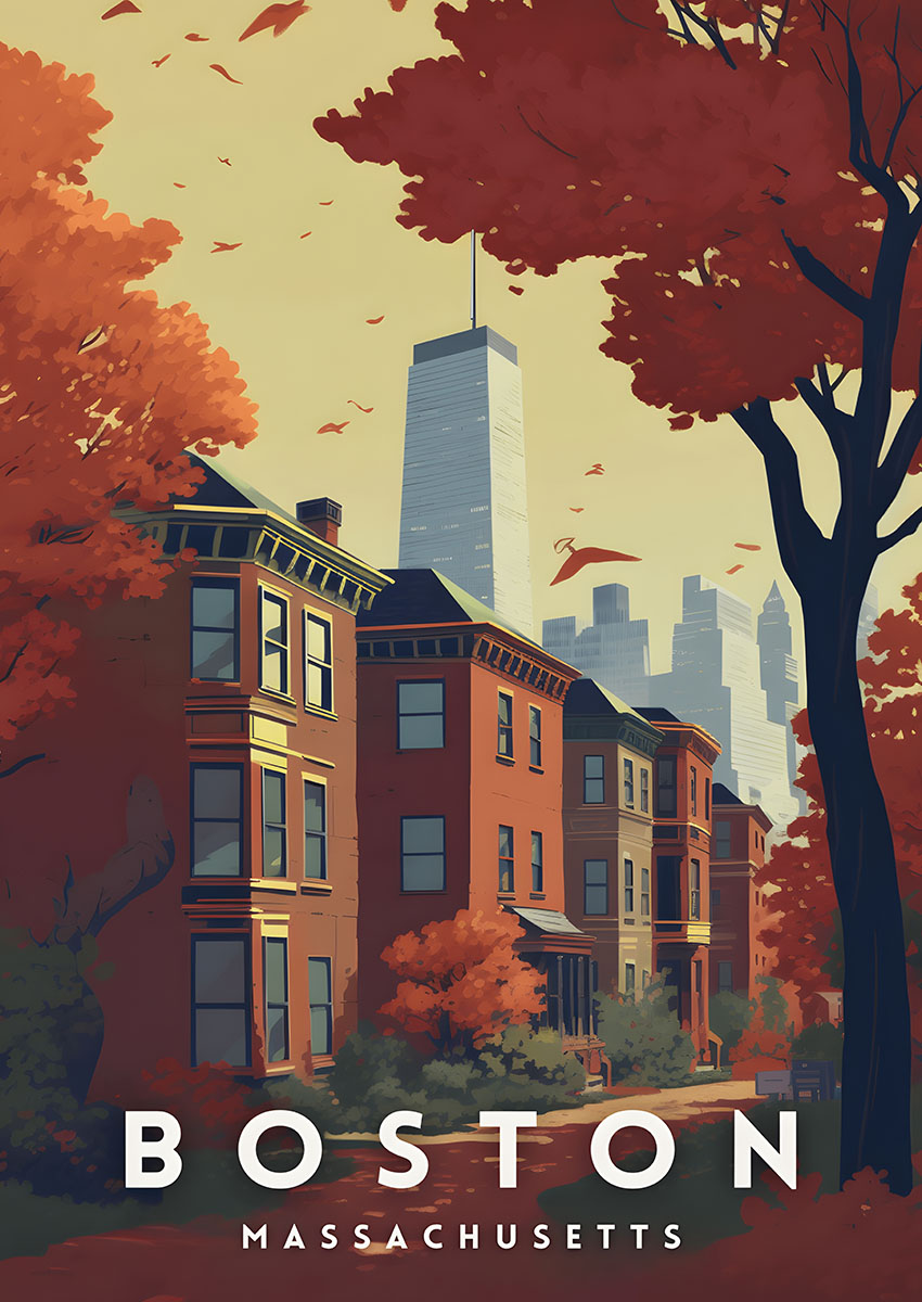 Vibrant autumn cityscape of Boston featuring red foliage and modern skyscrapers